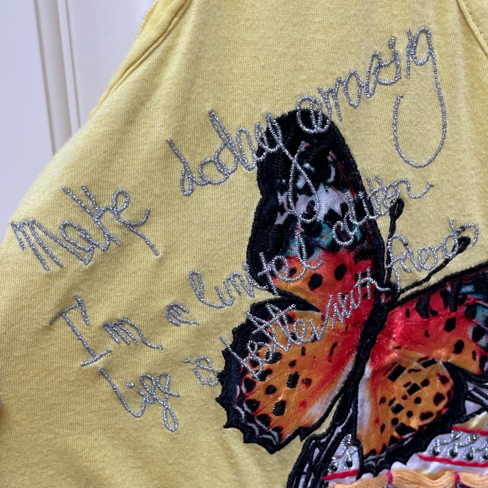 Desigual Yellow Tank Top with Graphic Butterflies, beaded/embroidered - Picture 5 of 6